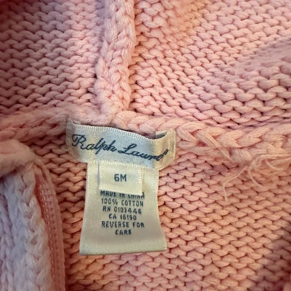 Ralph Lauren Baby Girl 6M Pink Cotton Knit Hooded Zip Sweater Pony Logo